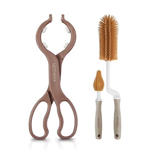 Image of MOTHER-K Silicone Bottle & Nipple Brush Set + Baby Bottle Tongs (Brown)