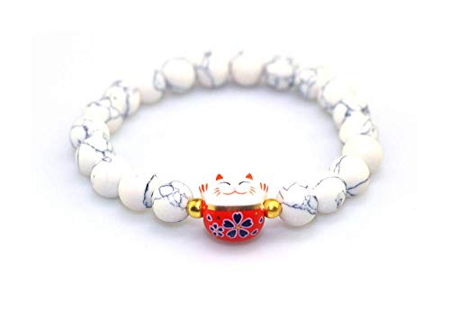 Bracelet Japonais Maneki Neko (招き猫) Porte Bonheur Perles Naturelles veinées Blanches (18 cm Extensible pour Passage Poignet) (18)