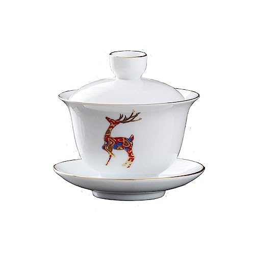 Image of Porcelain Gaiwan 8oz Teacup White Glazed Tureen Chinese Sancai Cover Bowl Lip Cup Saucer Set (Red Deer)