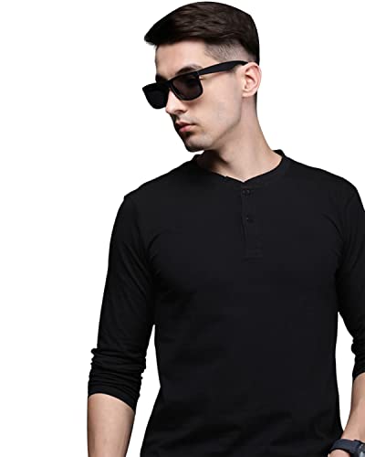 Image of Veirdo Black Full Sleeve Henley Neck Regular Fit Cotton T-Shirt for Men