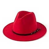 HUDANHUWEI Women's Classic Wide Brim Fedora Hat with Belt Buckle Felt Panama Hat Red
