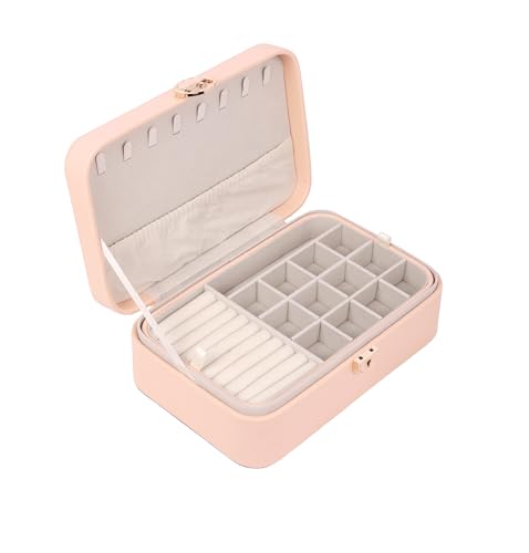 Image of BucketList Large PU Leather Jewellery Organizer Box with Necklace Hooks | Multi-Layer Jewelry Storage Case with Removable Tray & Secure Lock (PU Leather with Removable Tray (Pink))