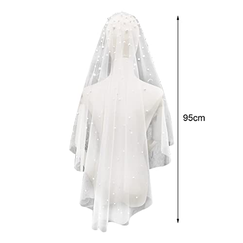 Gflpo Pearl Bride Wedding Veil Women's Short Wedding Veils White Fingertip Cathedral Bridal Tulle Veils With Comb For Wedding Brides Shower Bachelorette Hen Do Night Party #TOP1