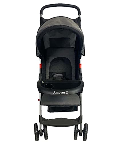 AmorosO Single Stroller - Baby Stroller with Four Wheels - Lightweight Stroller - Convertible Stroller with Extra Storage Space - Foldable Stroller with Sun Protection Hood Cover (Black)