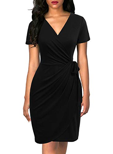 Lyrur Women's Classic V-Neck Casual Party Knee Length Sheath Work Short Sleeve Faux Black Wrap Dress