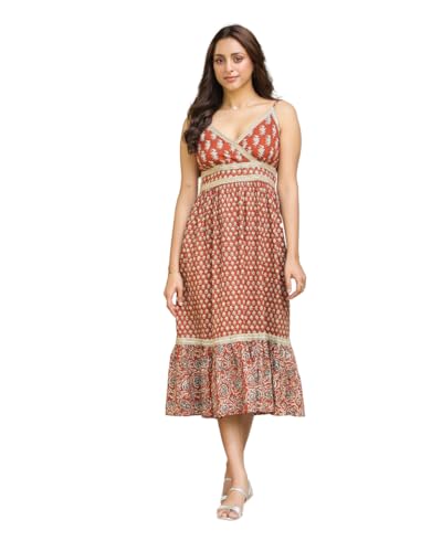 Image of SAVI Women's Cotton Printed Midi Dress | Sleeveless V-Neck A-Line Flared Kurti Style Long Dress | Casual Summer Ethnic Wear for Women