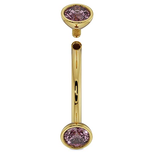 Freshtrends Dainty Pink Sapphire Bezel-Set Curved Barbell For Eyebrow Rook Belly, 14K Rose Gold | 14G | 3/8" (9.5Mm) #TOP1