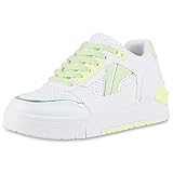 nike plateau sneaker weiß  VAN HILL Damen Plateau Sneaker Keilabsatz Schuhe Leder-Optik Schnürer Freizeit Plateauschuhe Schnürschuhe 211220 Weiss Grün Neon Grün Metallic 39