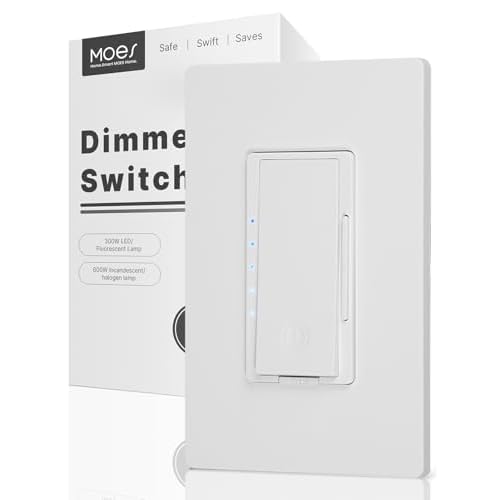 MOES Digital Dimmer Light Switch, 3 Way & Single Pole Dimmable Switches for LED,CFL,Incandescent,Halogen, 600Watt Max, No Neutral Wire Required, ON/Off Switch with Dimming Buttons White 1 Pa