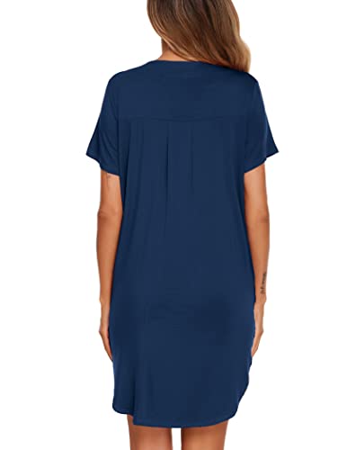 Ekouaer Sleep Shirts For Women Button Down Tee Short Sleeve Sleepwear Pajama Tops Navy Blue #TOP4