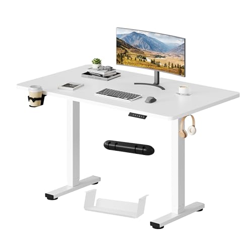 SANODESK Escritorio Elevable Eléctrico 110x54cm con Tablero Entero(con Gancho/Portabotellas), Standing Desk, Escritorio Ajustable en Altura con Tablero, Función de Memoria, para Trabajo/Hogar(Blanco)