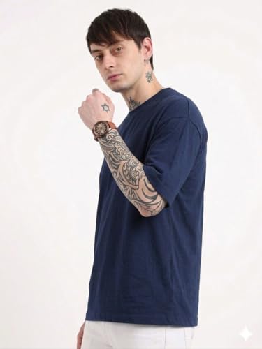 Image of Men's Oversized Plain Round Neck 100% Cotton T-Shirt | Soft Breathable Casual Half Sleeve Tee