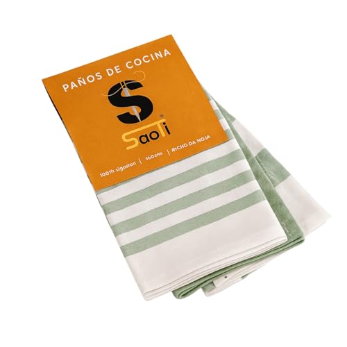 Paños de Cocina 100% algodón (Set de 3, 50×70 cm) – Tejido Panal Extra Absorbente, Suaves y Resistentes, Colores Lisos y Rayas | Sarga (Blanco y Verde Salvia,Rayas)