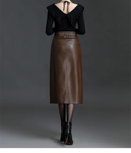 Rfmfkkg Women Pu Leather A-Line Skirt Elasitc Waist Button Decorative Elegant Office Lady Skirt Mid-Calf2