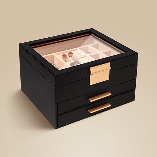 Image of Birch & Co. Jewellery Box - 3 Layer Jewellery organizer storage box, Portable Travel-Friendly Storage. Elegant Super Premium Storage Case for Rings, Earrings, Necklaces & Bracelets, Noir