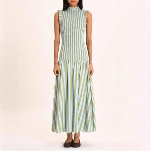 Woman Elegant Striped Print Slim Sleeveless Dress O Neck High Waist Spliced Casual Pleated A-Line Dress4