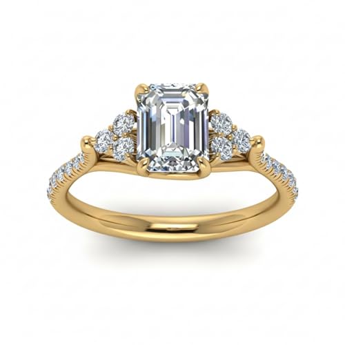 Image of Choose Your Gemstone Emerald Cut Petite Cathedral Diamond CZ Ring Yellow Gold Plated Emerald Shape Petite Engagement Rings for Women, Girls and Ladies US Size 4 to 12