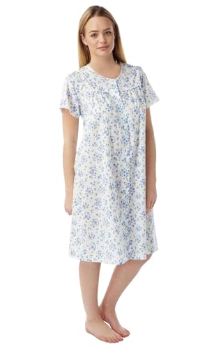 Image of Ladies Womens Cotton Floral Print Short Sleeve Button Through Opening Nightwear Nightie - Pink Blue Lilac Nightdresses for Women UK Size 10-30 MN12 (Blue, 16-18)