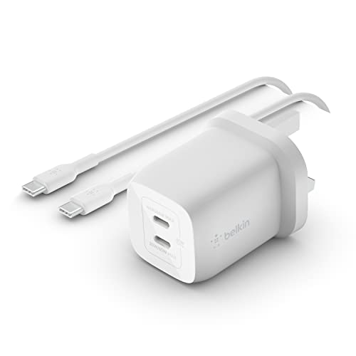 Belkin 65W Dual USB Type C Wall Charger, USB C-C Cable Included, Fast Charging Power Delivery 3.0 with GaN Technology, USB C Plug and USB Charger for iPhone 15, iPad, MacBook, Galaxy, Pixel and More