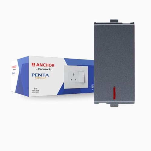 Image of Anchor by Panasonic Penta Modular 16AX 1 Way Switch with Neon Indicator, 1 Module 1 Way Switch (Black, 65077B)