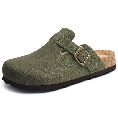 Litfun Women's Genuine Suede Clogs Soft Footbed Leather Potato Shoes Comfort Slip On Clogs with Arch Support, Army Green, EU 39