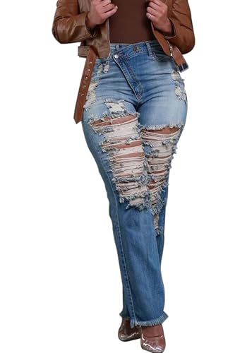 Tbahhir Ripped Jean for Women, High Waisted Jeans Distressed Straight Leg Denim Pants with Raw Hem Frayed Stretch3
