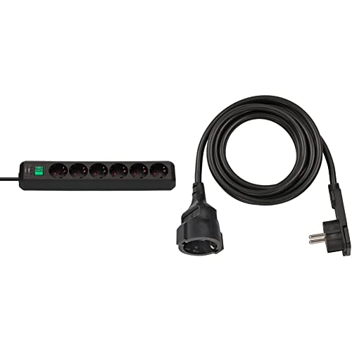 Brennenstuhl Eco-Line, Steckdosenleiste 6-Fach (Schalter und 3m Kabel) schwarz & Qualitäts-Kunststoff-Verlängerungskabel mit Flachstecker (Verlängerungskabel flach für innen mit 3m Kabel) schwarz