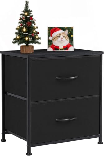 Image of Nightstand, Small 2 Drawer Dresser Side Table, Bedside Storage Furniture with Wooden Top Fabric Bins for Bedroom, Closet, Dorm, 11.8 inch D x 18 inch W x 20 inch H, Matte Black