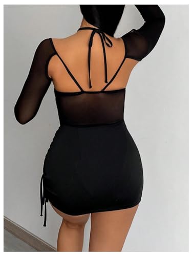OYOANGLE Women's Two Piece Outfits Long Sleeve Cut Out Halter Mesh Bodysuits with Bodycon Mini Skirt2