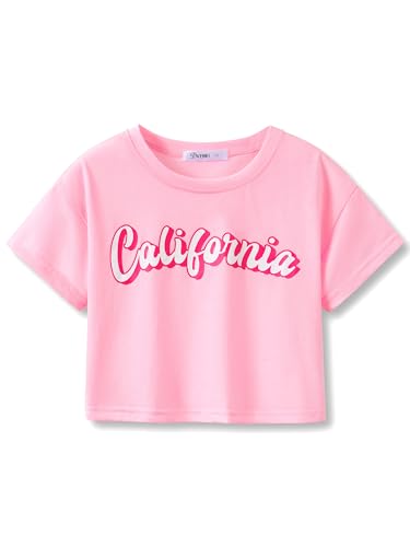Image of Dvenki Girls Graphics Crop Short Sleeve Crewneck Tee Size 6-18 | soft cotton blend fabric, cropped short hem, fun graphic print, casual summer tops for school and vacation