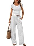 Trendy Queen Women 2 Two Piece Matching Lounge Sets 2026 Spring Summer Fashion Beach Vacation Clothes Workout Gym Top Wide Leg Pants Sweat Suits Airport Travel Outfits Casual Sweatsuit Loungewear