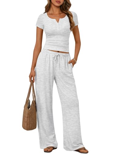Trendy Queen Women 2 Two Piece Matching Lounge Sets 2026 Spring Summer Fashion Beach Vacation Clothes Workout Gym Top Wide Leg Pants Sweat Suits Airport Travel Outfits Casual Sweatsuit Loungewear