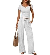 Trendy Queen Women's 2 Piece Matching Lounge Sets Summer Henley Neck Slightly Crop Top Wide Leg P...