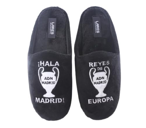 LARES Zapatillas Casa Hala Madrid para Hombre y niño Color: Negro Suapel. Talla: 45 Equipo de fubol Madrid. Campeones de Europa. Rey de Champions. Suela Goma. Fabricadas en España.