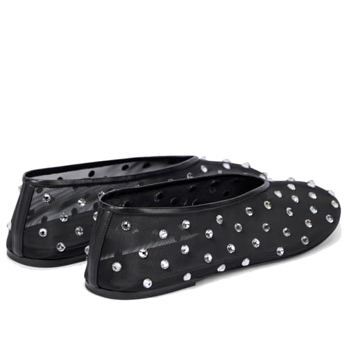 Image of Arqa Crystal-Embellished Mesh Flats Rhinestone Ballet Flat Slip On Ballerina Shoes Comfortable Casual Gauze Shoe