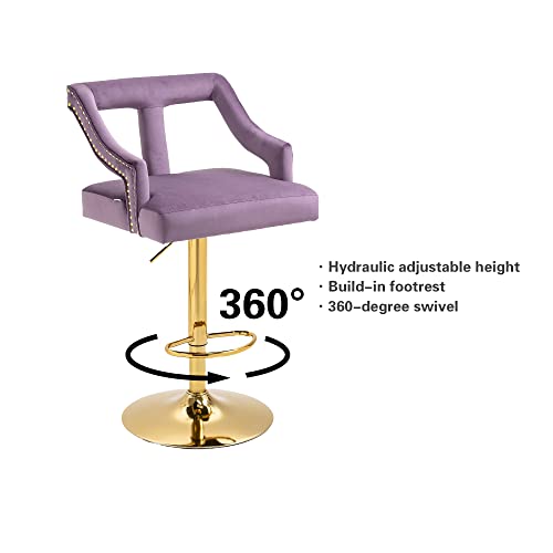 Qqu Modern Bar Stools 360°Swivel Velvet Adjustable Counter Bar Stool With Arm, Back And Footrest Modern Upholstered, Barstools For Kitchen Island, Cafe, Pub, Bar (Purple) #TOP3