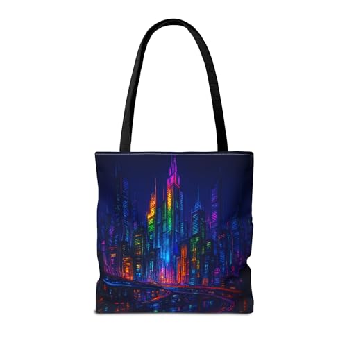 Premium Tote Bag with Reinforced Stitching - A Futuristic Rainbow Cyberpunk Skyline2