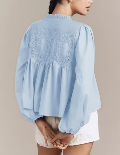 Lentta Women's Lace-Detail Flared Blouse Long Sleeve Crew Neck Poplin Mesh Swing Babydoll Tops Elegant Loose Shirts3