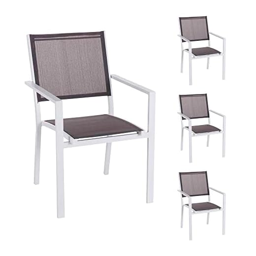 LOLAhome Set de 4 sillas de jardín apilables Thais con Brazos de Aluminio Blanco y textileno Gris de 55x60x86 cm