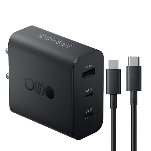 Image of Original 100 W Power GaN 5 A 3 Port Mobile Charger with Detachable Cable Compatible with All Android CellularPhone (Dark Grey, Cable Included)