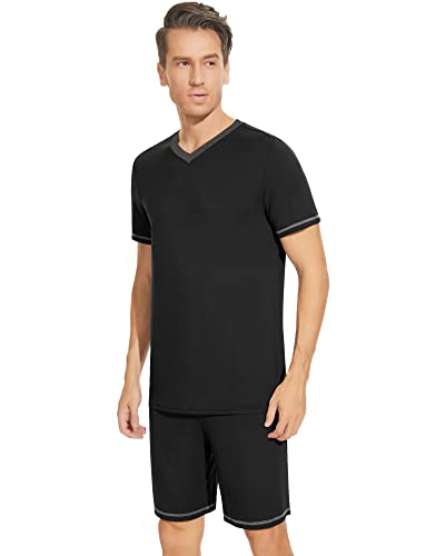 Image of NACHILA Pajamas for Men Pj Short Sleeve Sleepwear with Shorts V Neck Loungewear Cool Pajama,Viscose Made from Bamboo