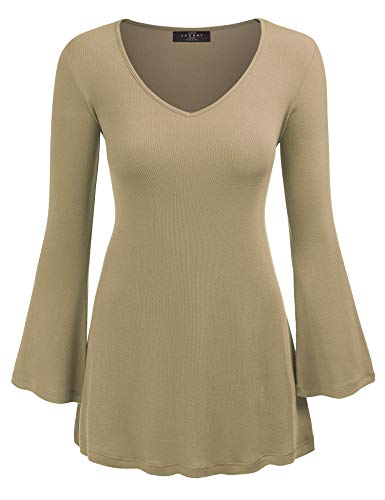 Made By Johnny MBJ WT1055 Womens V Neck Long Bell Sleeves Pullover Tunic Top XL Taupe