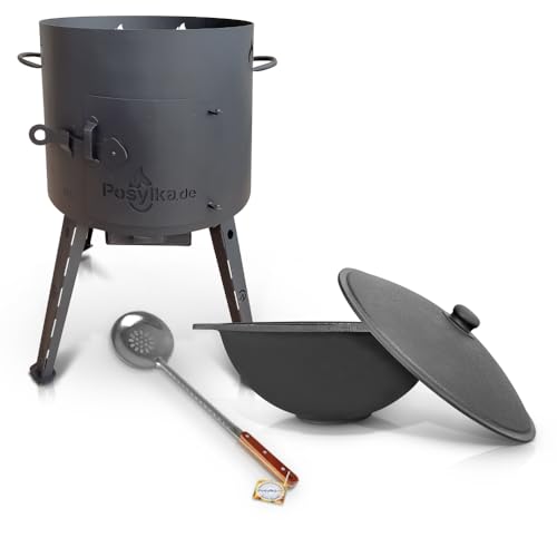 Utschak - Hornillo de hierro fundido con base plana con tapa, 12 l, diámetro 40 cm, cuchara espumosa para Plov 48 cm Учаг Uchag казан Kazan Oven (Set 2)