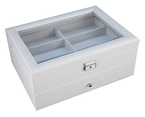 12 Piece Large White Leatherette Eyeglass Sunglass Two Level Glasses Display Case with Drawer Storage Box
