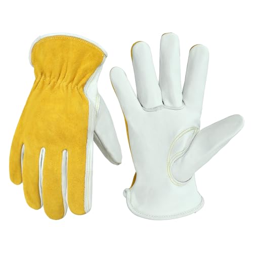 HANDLANDY Men Leather Gardening Gloves, Utility Work Gloves for Mechanics, Construction, Driver Beige-yellow (1 Pair) Medium