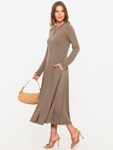 Glamaker Womens Long Sleeve Midi Dresses 2025 Fall Casual Crew Neck Button Down Fit & Flare Long Flowy Dresses with Pockets4