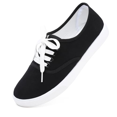 Image of Womens White Canvas Sneakers Lightweight Lace Up Fashion Comfortable Canvas Shoes Low Top Slip On Casual Tennis Walking Shoes Women Footwear