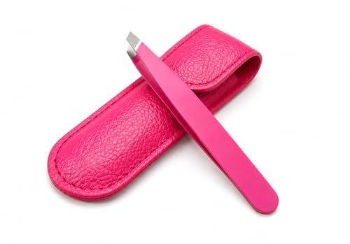 Tweezers for Eyebrows with Case Precision Stainless Steel Slant Tip Tweezer for Facial Hair Removal Eyelash Extension & Ingrown Hair | Professional Eyebrow Plucker for Men & Women Twizzer (Pink)