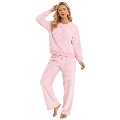 HEARTNICE Long Sleeve Pajama Set for Women, Crew Neck Flannel Warm Comfy Loungewear, 3D Textured Solid Striped(light pink, M)