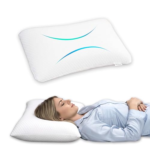 Image of Orthopedic Contour Pillow, Rebound Memory Foam Cervical Support for Stiff Neck, 55x38x10 cm, White Geometric Jacquard Shell with Zipper, Breathable Bedding for Shoulder and Snoring Aid